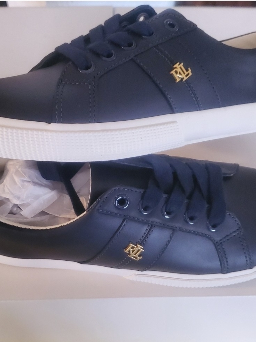 NiB Ralph Lauren Womens Janson II Navy Nappa Leather Sneakers W/ Gold Accent Sz6